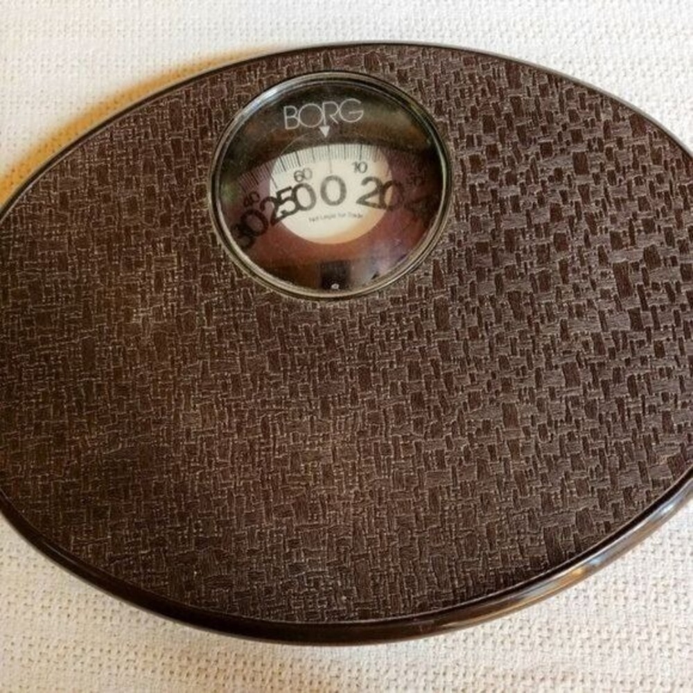 BORG Vintage Mid Century Atomic Retro Brown Basket-Weave Modern Bathroom Scale